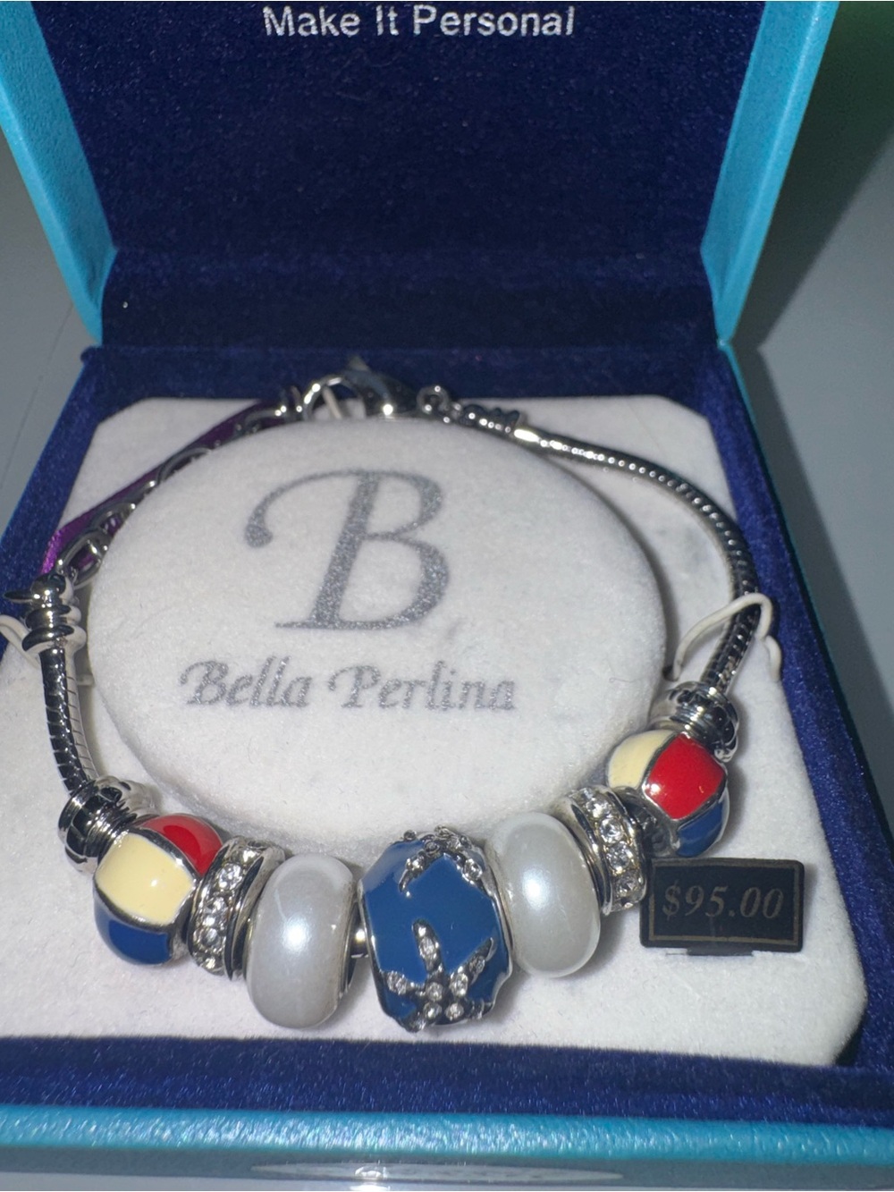 NWT $95 Bella Perlina Silver Charm Bracelet with Red, Blue & White Accents